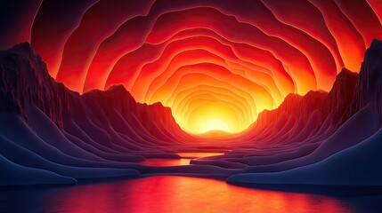 Vibrant sunset illuminating a surreal landscape with wavy formations and a reflective river