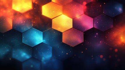 Vibrant abstract hexagonal pattern with glowing colors and a cosmic background effect