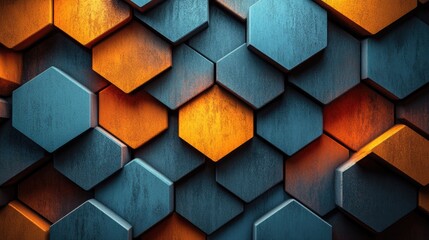 Abstract hexagonal pattern showcasing a blend of blue and orange tones with textured surfaces