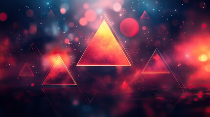 Abstract geometric shapes with glowing triangles and spheres in a colorful cosmic background