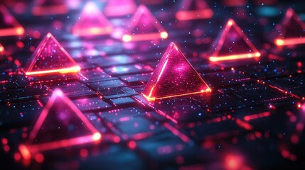 Vibrant neon pyramids illuminated on a digital grid, creating a futuristic and immersive atmosphere