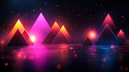 Vibrant geometric mountains reflecting colorful lights in a surreal cosmic landscape