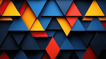 Colorful geometric pattern of overlapping triangles in vibrant shades of blue, red, and yellow
