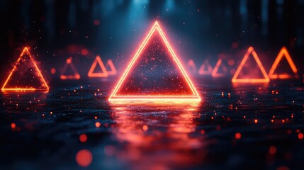 Neon-lit triangular shapes reflected in water, surrounded by a misty forest at night