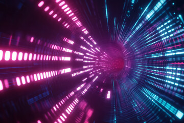 Obraz premium A mesmerizing 3D background featuring an abstract tunnel of glowing LED equalizer bars. The perspective pulls the viewer into an immersive vortex of pulsating rhythm, floating digital sound waves, and