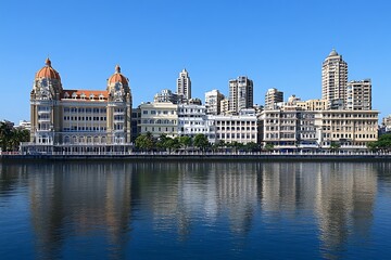 Fototapeta premium Waterfront city skyline, river reflection