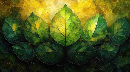Vibrant green leaves arranged artistically against a glowing yellow background, symbolizing nature