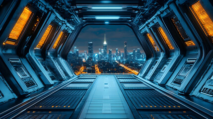 Futuristic spaceship corridor view of city at night. Possible use science fiction, technology, travel poster