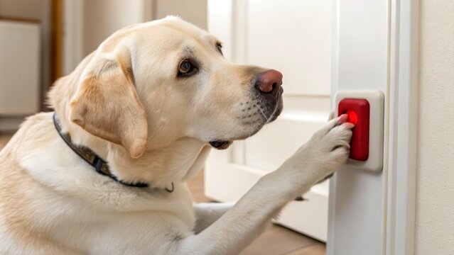 A Service Dog Helping People A Labrador retriever presses a red button on a door, signaling to go outside.