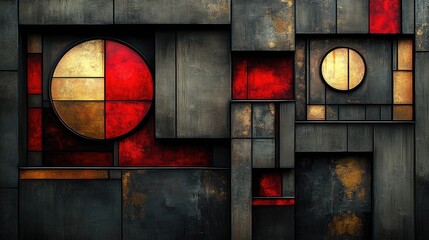Abstract geometric composition featuring circular and rectangular shapes in vibrant colors