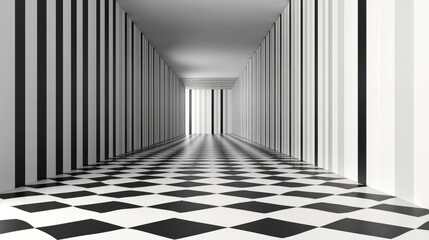Abstract corridor with black and white striped walls and checkered floor, creating depth