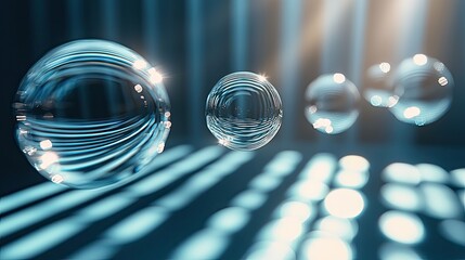 Floating transparent bubbles reflecting light in a serene environment with soft shadows