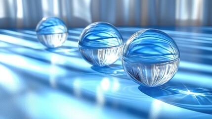 Three crystal spheres reflecting blue light on a smooth surface with soft shadows and highlights