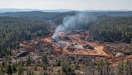 Fototapeta premium Industrial deforestation scene with logging machinery tree stumps and smoke in a vast clearing Environmental impact depicted from above