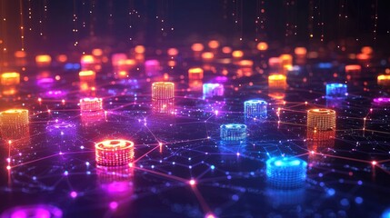 Colorful abstract digital network with glowing nodes and connections, depicting data flow and technology