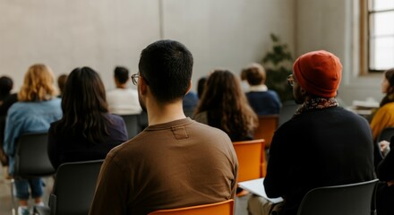 Diverse adult audience in seminar setting with focus on presentation