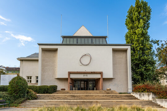 Esterior of House of Arts (in Czech "Dům uměn&iacute; města"), 20th-century functionalist building by Bohuslav Fuchs in Malinovskeho namesti, Brno, Moravia region, Czechia