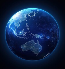 Luminous Globe of Earth with Illuminated Continent and City Lights in Blue Glow