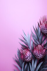 Tropical protea flowers and palm leaves on pink background with copy space. Exotic floral arrangement. Summer botanical concept for design. Flat lay, top view with copy space