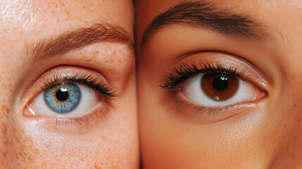 Naklejka premium Mesmerizing Eyes: A Close-Up Portrait of Two Women, Showcasing Diverse Beauty and Unique Facial Features.