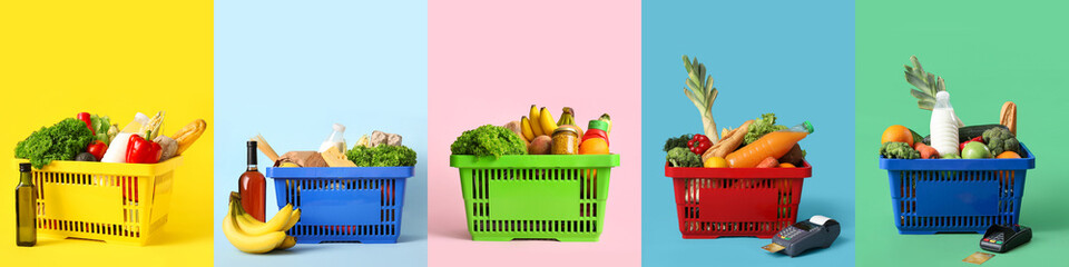 Set of shopping baskets with different products on color background