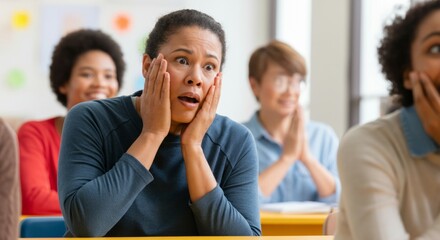 Obraz premium Surprised african female adult in classroom setting exuding shock among peers