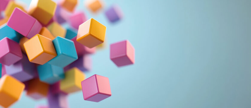 A Colorful cubes floating in blue background create vibrant abstract scene