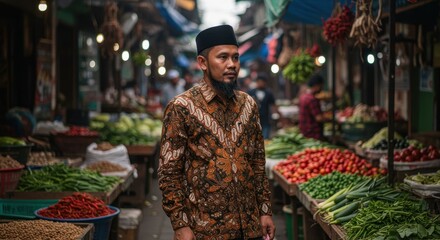 A Man in Batik Shirt at a Vibrant Indonesian Market