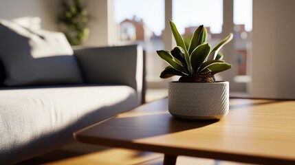 Fototapeta premium Green plant in a decorative pot placed on a wooden table with a neutral background