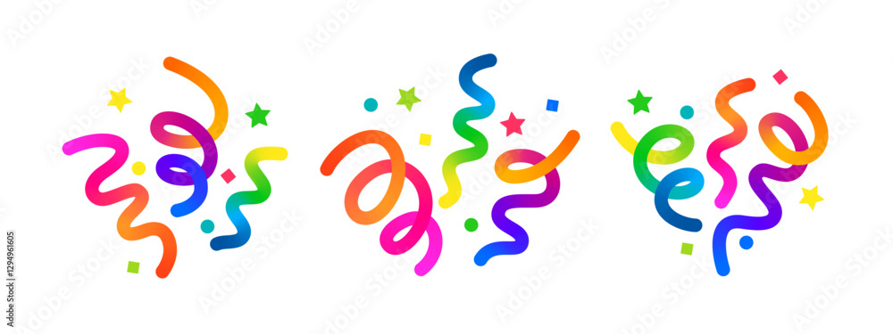 Poster Vector Color Confetti Set. Birthday Party and Carnival Celebration 3D Abstract Element. Fireworks Icons with Gradient Lines, Stars and Swirl Ribbons. Fun Firecracker Explosion Illustration