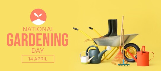 Gardening supplies on yellow background. Banner for National Gardening Day