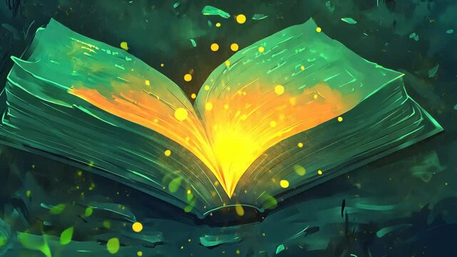 Magical book glowing amid a forest with ethereal lights and vibrant colors captured at twilight