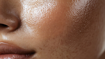 Close-up of a smooth and radiant face showcasing healthy skin texture and beauty.