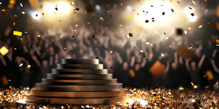 A sports awards ceremony 3D background featuring a tiered podium with golden, silver, and bronze placements. The energetic lighting, confetti explosions, and cheering crowd silhouettes in the