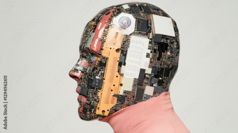 Poster conceptual portrait of a humanoid robot with a circuit board overlay, representing technology and in