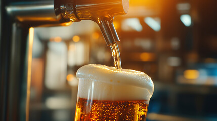 Close-up of Beer Pouring into Glass with Creamy Head. Refreshing Beverage at a Bar or Pub. Perfect for Craft Beer Lovers and Brewery Enthusiasts