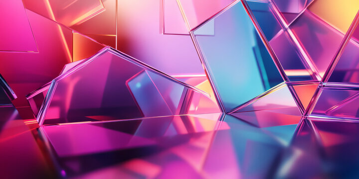 A vibrant 3D background with a geometric podium made of intersecting colorful glass panels. The dynamic reflections and glowing edges enhance the abstract, futuristic look.