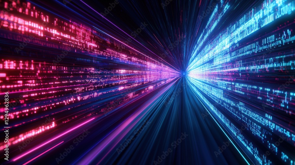 Poster dark tunnel illuminated by colorful lines leading to a bright light source at the end of the passage