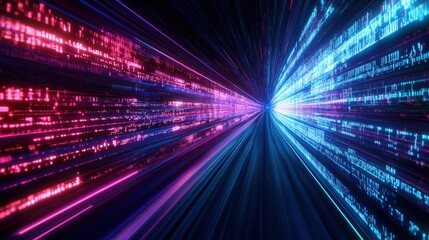 Fototapeta premium Dark tunnel illuminated by colorful lines leading to a bright light source at the end of the passageway