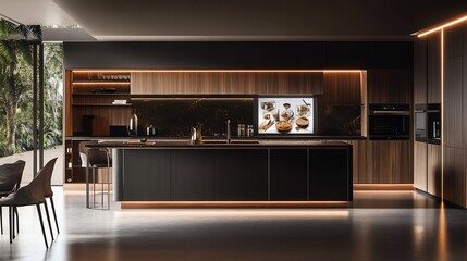 Luxurious Modern Kitchen Design with Warm Lighting and Tropical Views