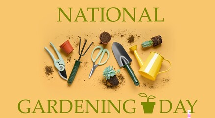 Set of gardening tools on yellow background. Banner for National Gardening Day