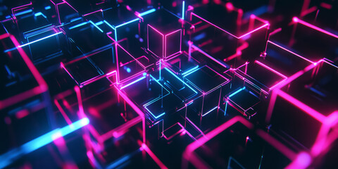 Obraz premium A mesmerizing abstract background with interconnected geometric shapes forming a high-tech digital grid. The glowing neon patterns and seamless symmetry create a visually captivating futuristic