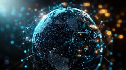 Globe with network of connected lines and dots representing global communication and technology