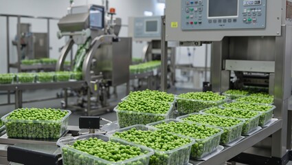 State of the art vegetable processing plant sorting and packaging fresh green peas with advanced machinery and efficient production line