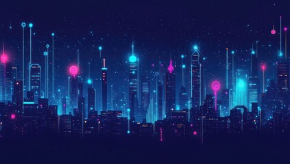 Futuristic city skyline at night with glowing lights and digital connections.