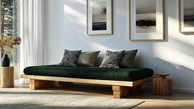 Modern Japanese-style futon couch in bright room