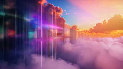 A Digital clouds with vibrant colors and light beams create surreal atmosphere, representing technology and innovation