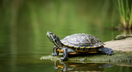 Obraz premium Painted turtle basking on rock in tranquil pond environment