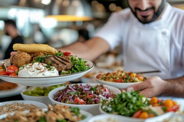 Obraz premium A professional chef showcases a beautifully plated dish featuring grilled meat, vegetables, and colorful garnishes in a busy restaurant setting.