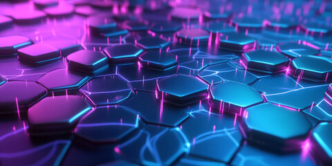 Fototapeta premium A surreal 3D abstract background featuring levitating hexagonal panels, interconnected with glowing neon energy streams. The sci-fi reflections and deep futuristic gradients enhance the digital